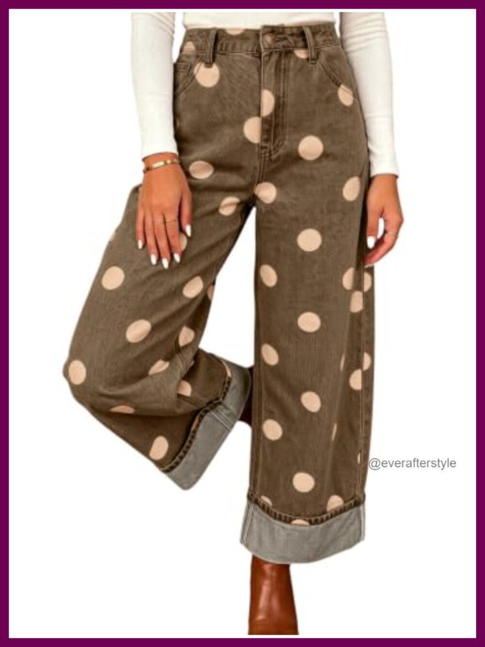 High Rise Wide Leg Crop Jeans Cuffed Hem Polka Dot Denim Pants